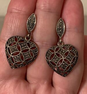Vintage Sterling Silver Filigree Heart Earrings Marcasite Dangle Drop